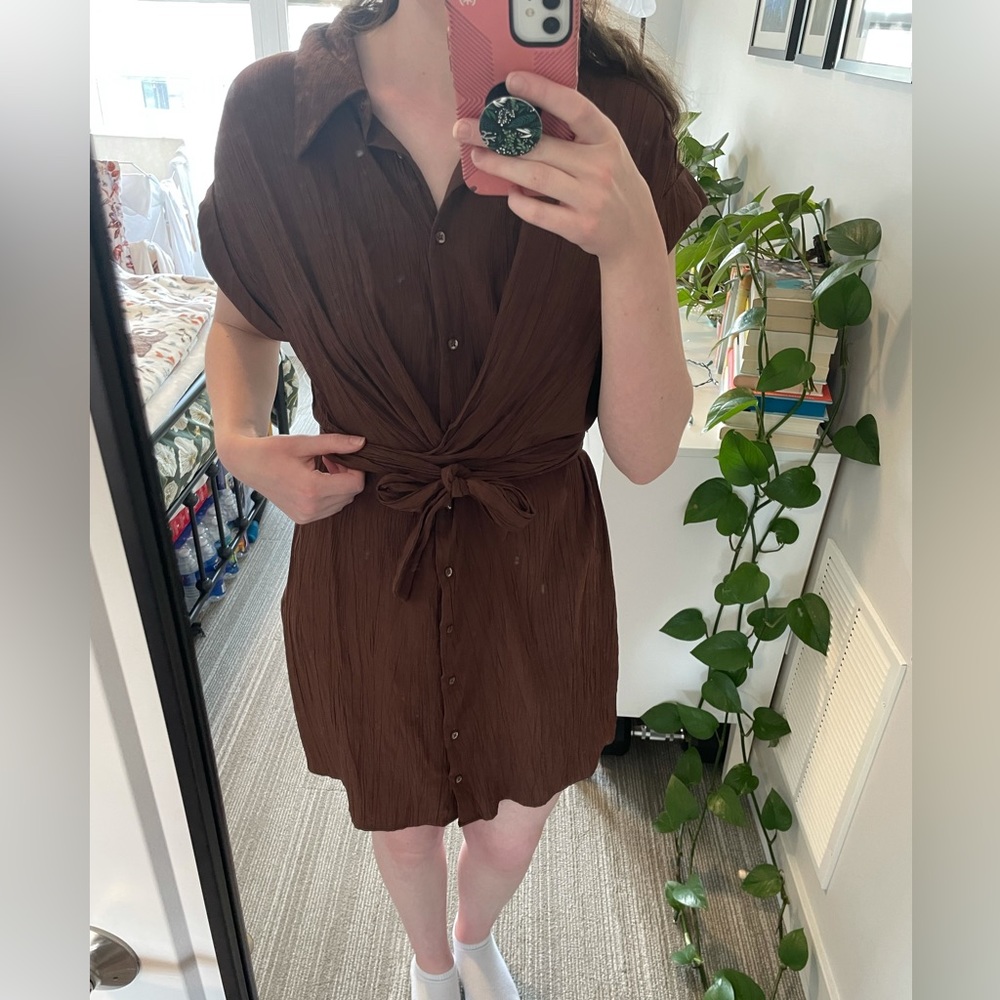 Mango Brown Collared Button-up Wrap Dress
